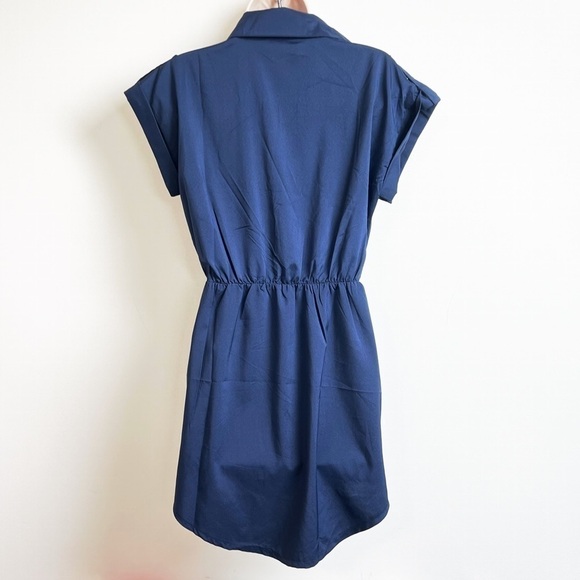🆕 NWT short sleeve collared belted button pullover mini dress solid blue small - Picture 3 of 9